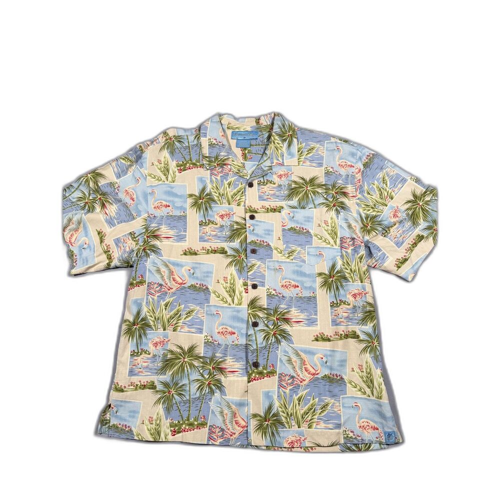 Bermuda Bay 100% Silk Hawaiian Shirt XXL Pink Flamingo Tropical Palm Tree Blue